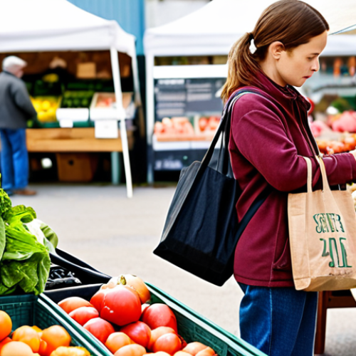 Home 19 **
A person shopping at a farmers market, selecting organic produce and using a reusable shopping bag. The background includes various vendors and a focus on fresh, local food. Emphasis on conscious consumption and sustainable living.
**