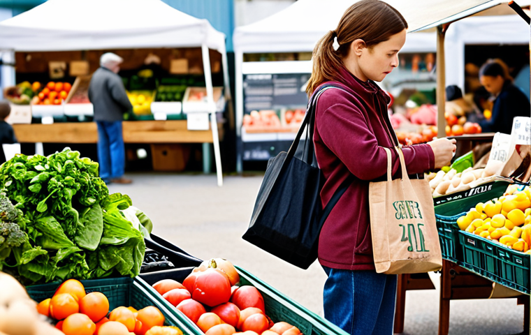 **
A person shopping at a farmers market, selecting organic produce and using a reusable shopping bag. The background includes various vendors and a focus on fresh, local food. Emphasis on conscious consumption and sustainable living.
**