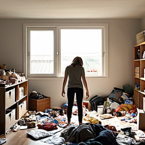 Home 18 A striking split-image: On the left, a person appears overwhelmed and stressed amidst a chaotic, overflowing room filled with excessive consumer goods, depicted with dark and claustrophobic lighting. On the right, the same person is calm and serene in a bright, minimalist, spacious home environment with ample natural light, conveying clarity and freedom. Emphasize the emotional contrast, high-quality photography.