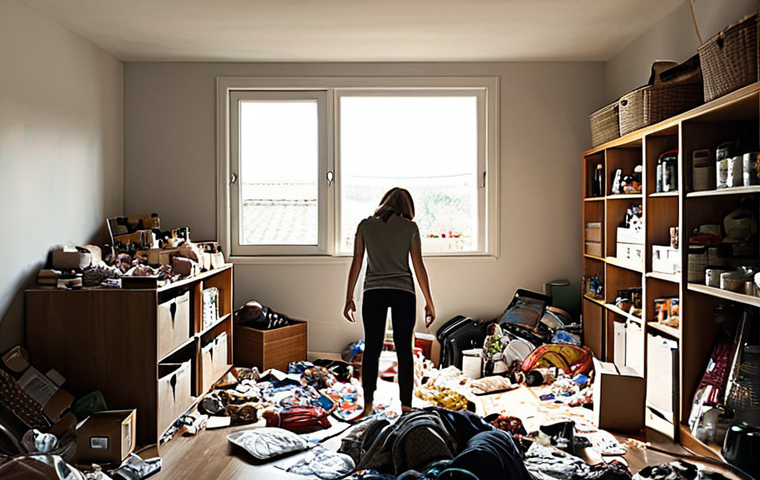 A striking split-image: On the left, a person appears overwhelmed and stressed amidst a chaotic, overflowing room filled with excessive consumer goods, depicted with dark and claustrophobic lighting. On the right, the same person is calm and serene in a bright, minimalist, spacious home environment with ample natural light, conveying clarity and freedom. Emphasize the emotional contrast, high-quality photography.