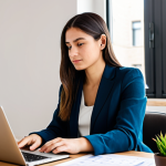 A focused young professional, fully clothed in comfortable, modest business casual attire, seated calmly at a clean, minimalist wooden desk in a bright, modern apartment with large windows. The desk is free of clutter, featuring only a laptop displaying a digital budget spreadsheet and a small, vibrant plant. The person looks thoughtfully at the screen, a serene expression indicating peace and control over finances. The background shows an uncluttered living area, emphasizing spaciousness and order. Professional photography, soft natural light, warm tones, safe for work, appropriate content, fully clothed, professional, perfect anatomy, correct proportions, natural pose, well-formed hands, proper finger count, natural body proportions.