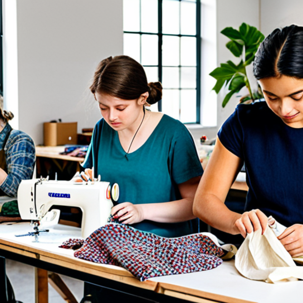 Sustainable Fashion Startup**
"A brightly lit, modern workshop space filled with diverse, fully clothed young adults working on sewing machines, designing sustainable clothing made from recycled materials. Fabric scraps are neatly organized, and plants decorate the space. Focus on collaboration and innovation. 'Upcycled Fashion' banner in the background. Professional studio photography, perfect anatomy, correct proportions, well-formed hands, proper finger count, natural body proportions, appropriate attire, safe for work, professional, modest, family-friendly."
**