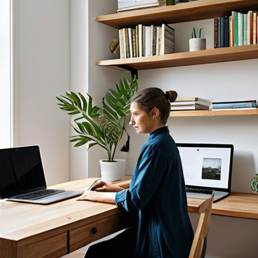 Minimalist Home Office**
A clean, minimalist home office. A woman is working at a simple wooden desk, with a laptop and a single plant. Shelves display a few books and decorative items. Natural light floods the room. Focus on functionality and calm. Fully clothed, modest attire, safe for work, appropriate content, perfect anatomy, natural proportions, professional, family-friendly.
**