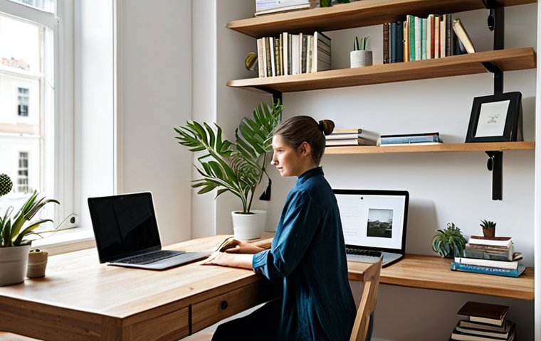 Minimalist Home Office**
A clean, minimalist home office. A woman is working at a simple wooden desk, with a laptop and a single plant. Shelves display a few books and decorative items. Natural light floods the room. Focus on functionality and calm. Fully clothed, modest attire, safe for work, appropriate content, perfect anatomy, natural proportions, professional, family-friendly.
**