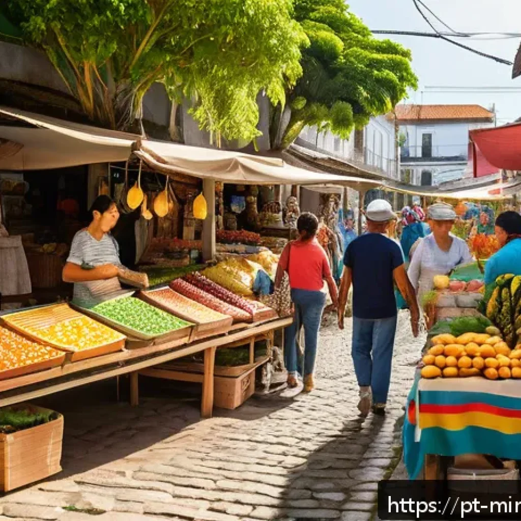 미니멀리즘 경제학과 공동체 경제 - A vibrant local artisan market scene in a sunny Brazilian neighborhood, featuring diverse vendors se...