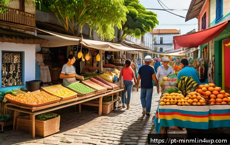 미니멀리즘 경제학과 공동체 경제 - A vibrant local artisan market scene in a sunny Brazilian neighborhood, featuring diverse vendors se...