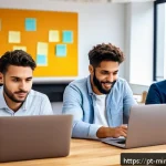 Home 22 미니멀리즘 경제학과 기술 혁신 - A modern Brazilian startup office environment showcasing a diverse team of young professionals colla...