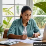 Home 21 미니멀리즘 경제학의 전통적 접근법 - A cozy home office scene showing a young Brazilian adult woman thoughtfully reviewing her monthly bu...