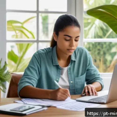 Home 33 미니멀리즘 경제학의 전통적 접근법 - A cozy home office scene showing a young Brazilian adult woman thoughtfully reviewing her monthly bu...