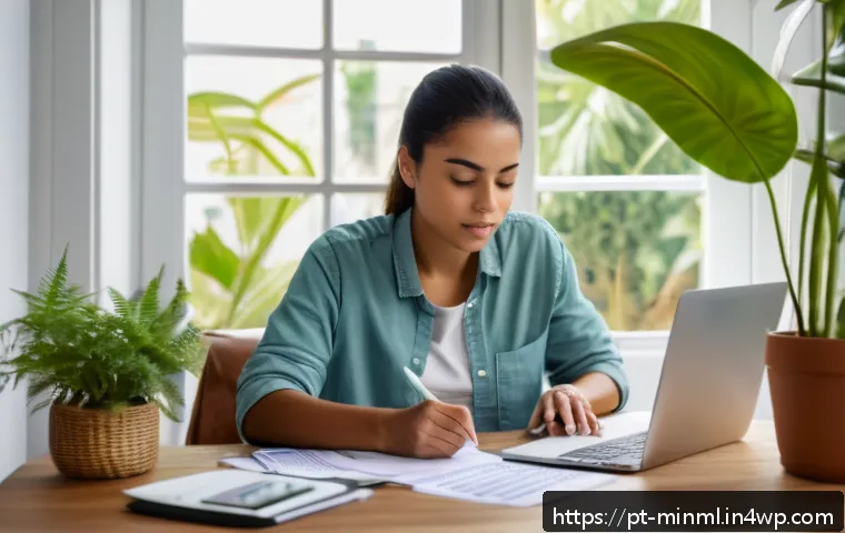 미니멀리즘 경제학의 전통적 접근법 - A cozy home office scene showing a young Brazilian adult woman thoughtfully reviewing her monthly bu...