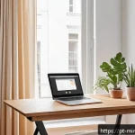 Home 20 미니멀리즘 경제학과 공간 활용 - A modern minimalist home office scene emphasizing economic minimalism: a clean, organized desk with ...