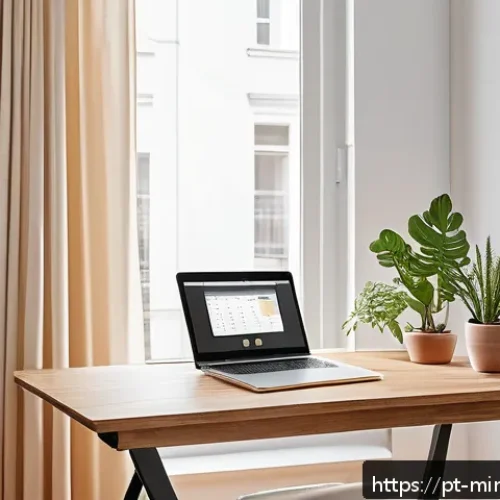 Home 32 미니멀리즘 경제학과 공간 활용 - A modern minimalist home office scene emphasizing economic minimalism: a clean, organized desk with ...